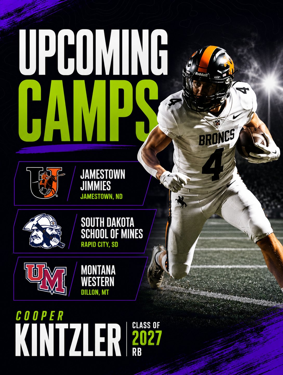 Top of the upcoming camps recruiting graphic for Cooper Kintzler