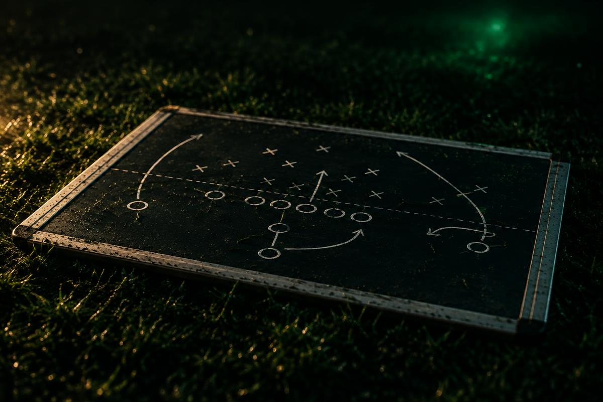 Whiteboard of hand-drawn football plays resting on grass at night