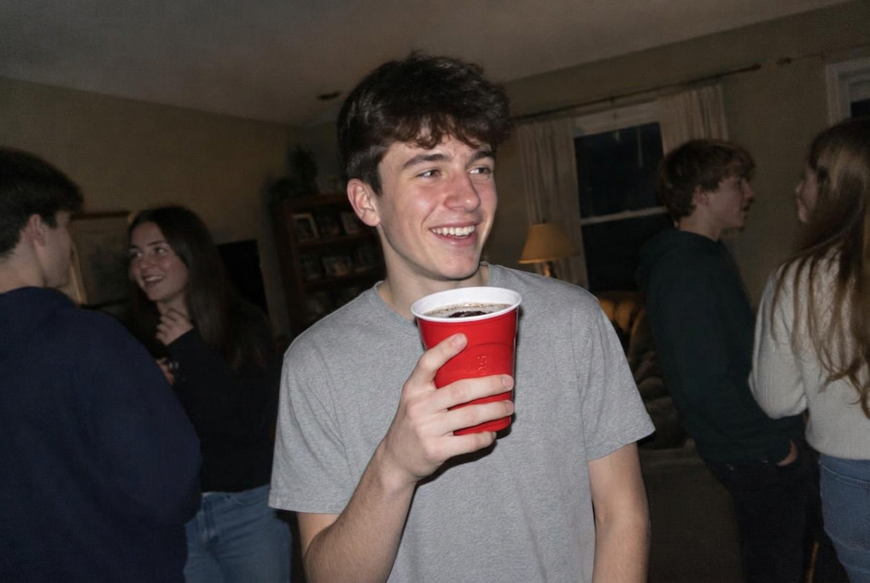 Illustrative AI-generated candid photo of a teenager with friends at a high school party